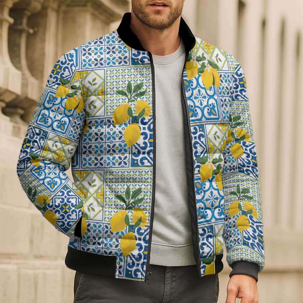 Sicily Italy Lemon Maiolica Bomber Puffer Jacket Sicilian Citrus Tile Mediterranean Art