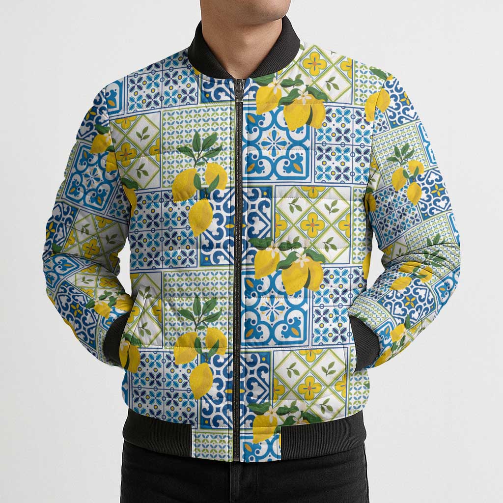 Sicily Italy Lemon Maiolica Bomber Puffer Jacket Sicilian Citrus Tile Mediterranean Art