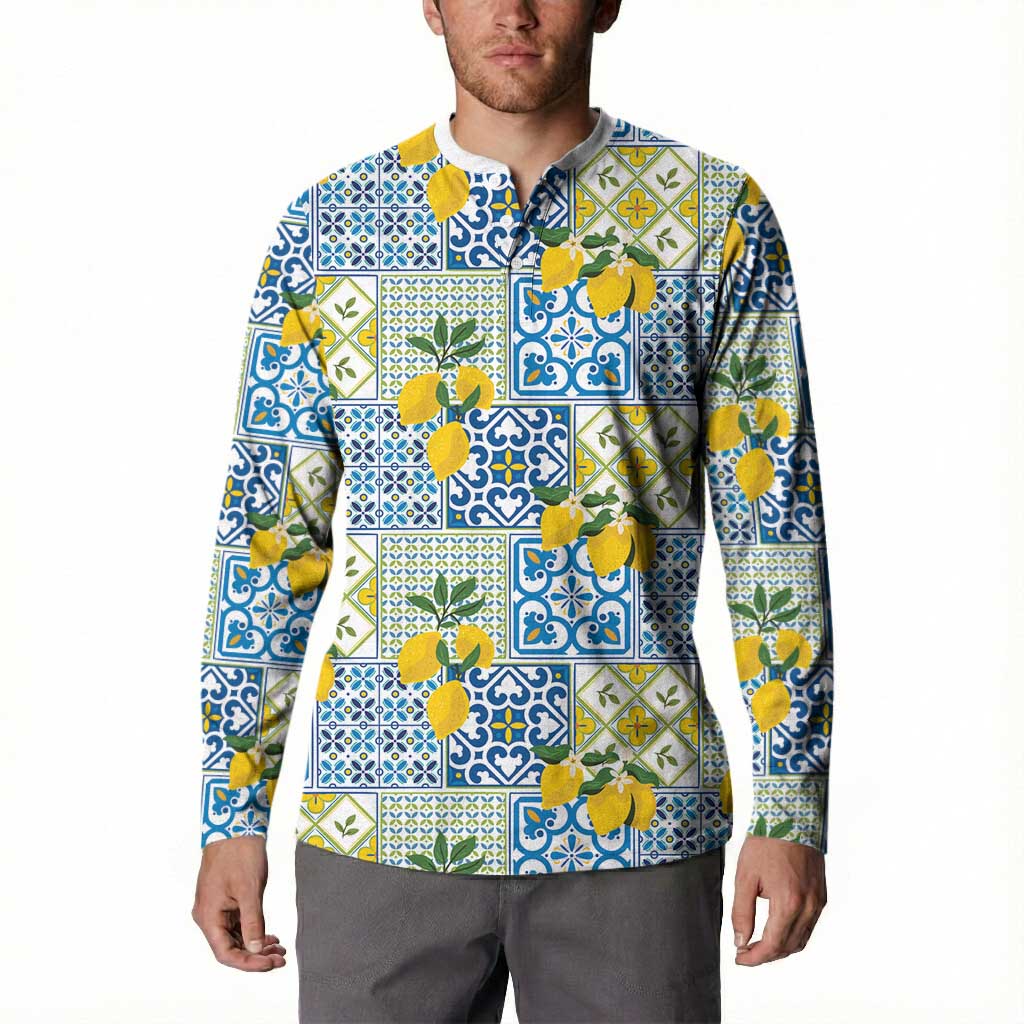 Sicily Italy Lemon Maiolica Button Sweatshirt Sicilian Citrus Tile Mediterranean Art