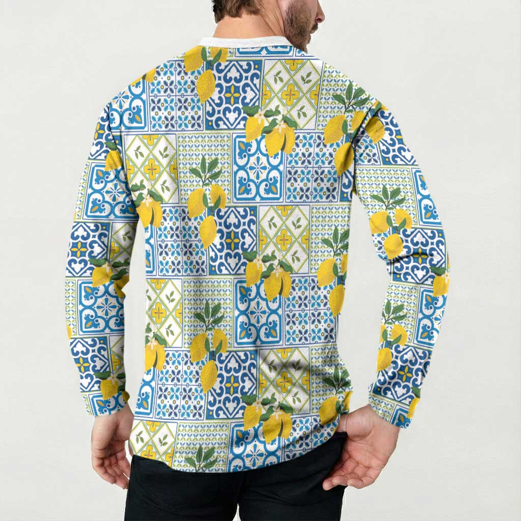 Sicily Italy Lemon Maiolica Button Sweatshirt Sicilian Citrus Tile Mediterranean Art