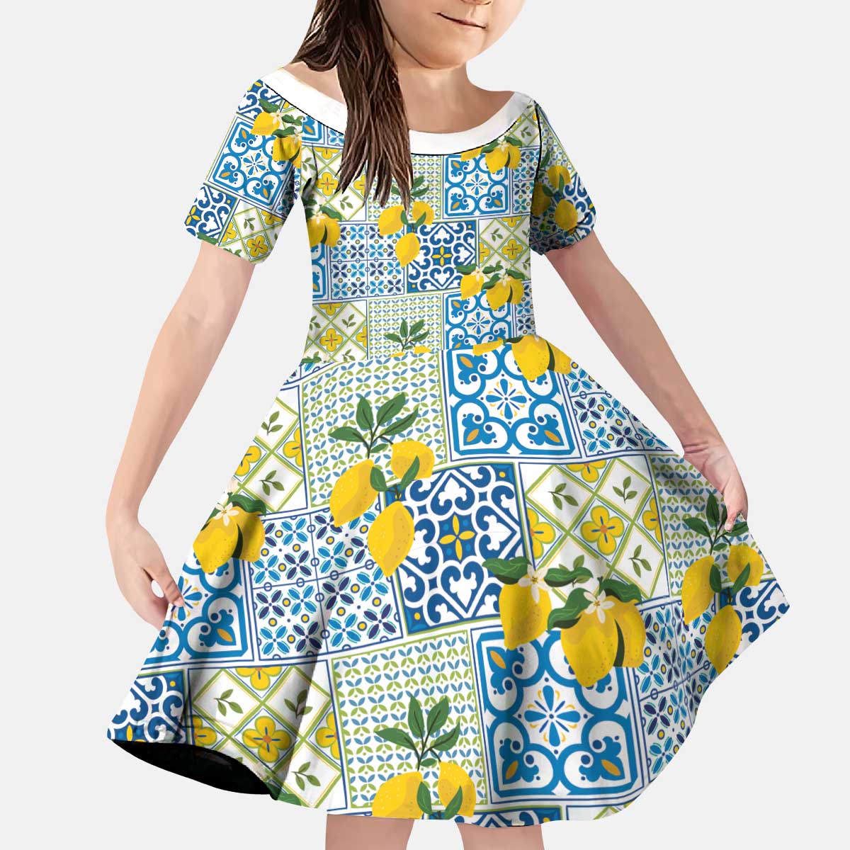 Sicily Italy Lemon Maiolica Kid Short Sleeve Dress Sicilian Citrus Tile Mediterranean Art