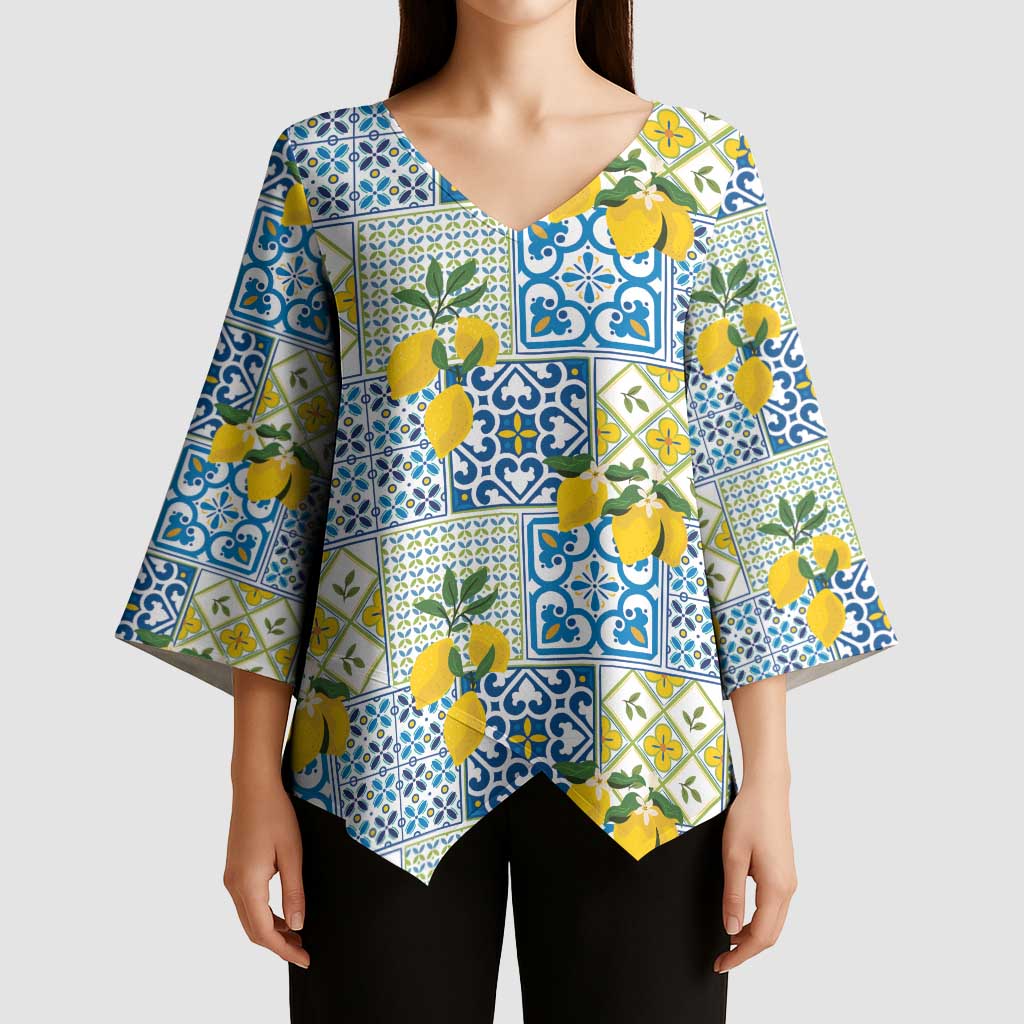 Sicily Italy Lemon Maiolica Kimono Sleeve Blouse Sicilian Citrus Tile Mediterranean Art