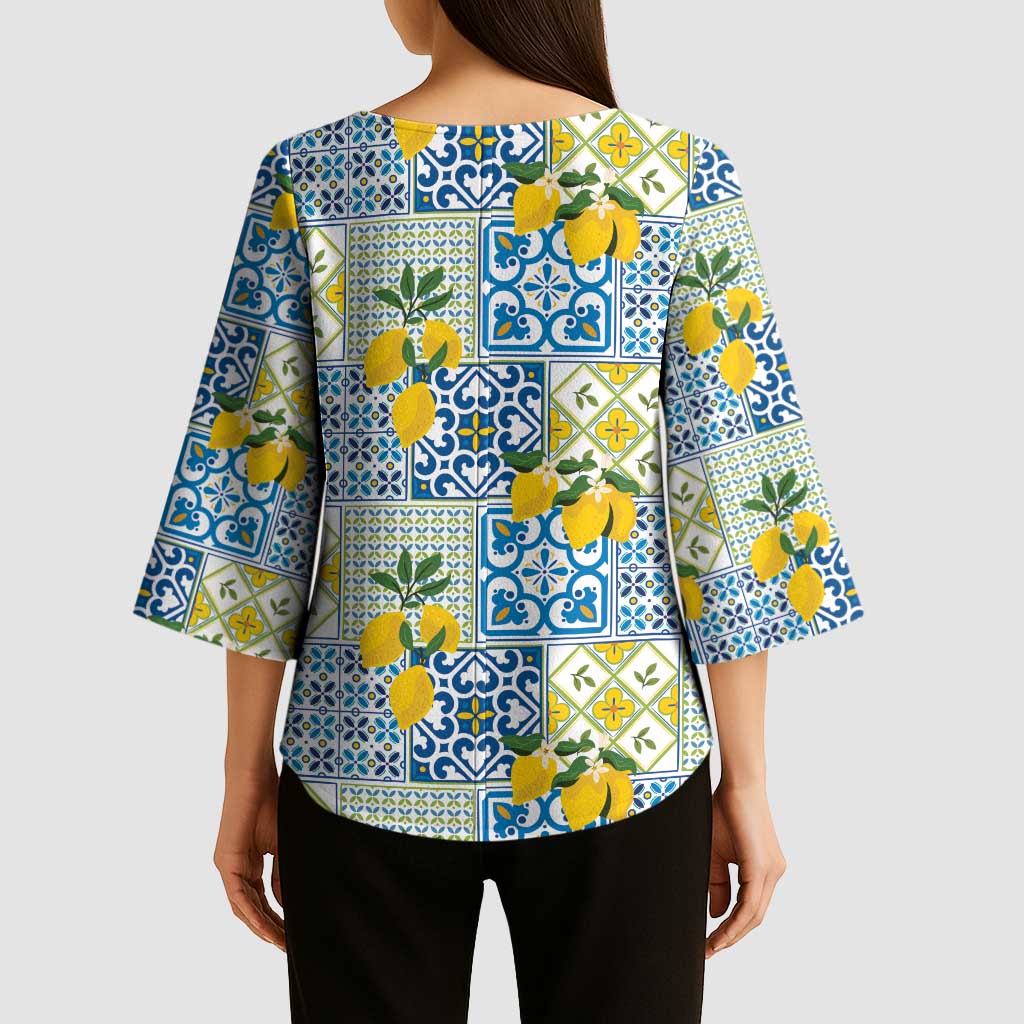 Sicily Italy Lemon Maiolica Kimono Sleeve Blouse Sicilian Citrus Tile Mediterranean Art