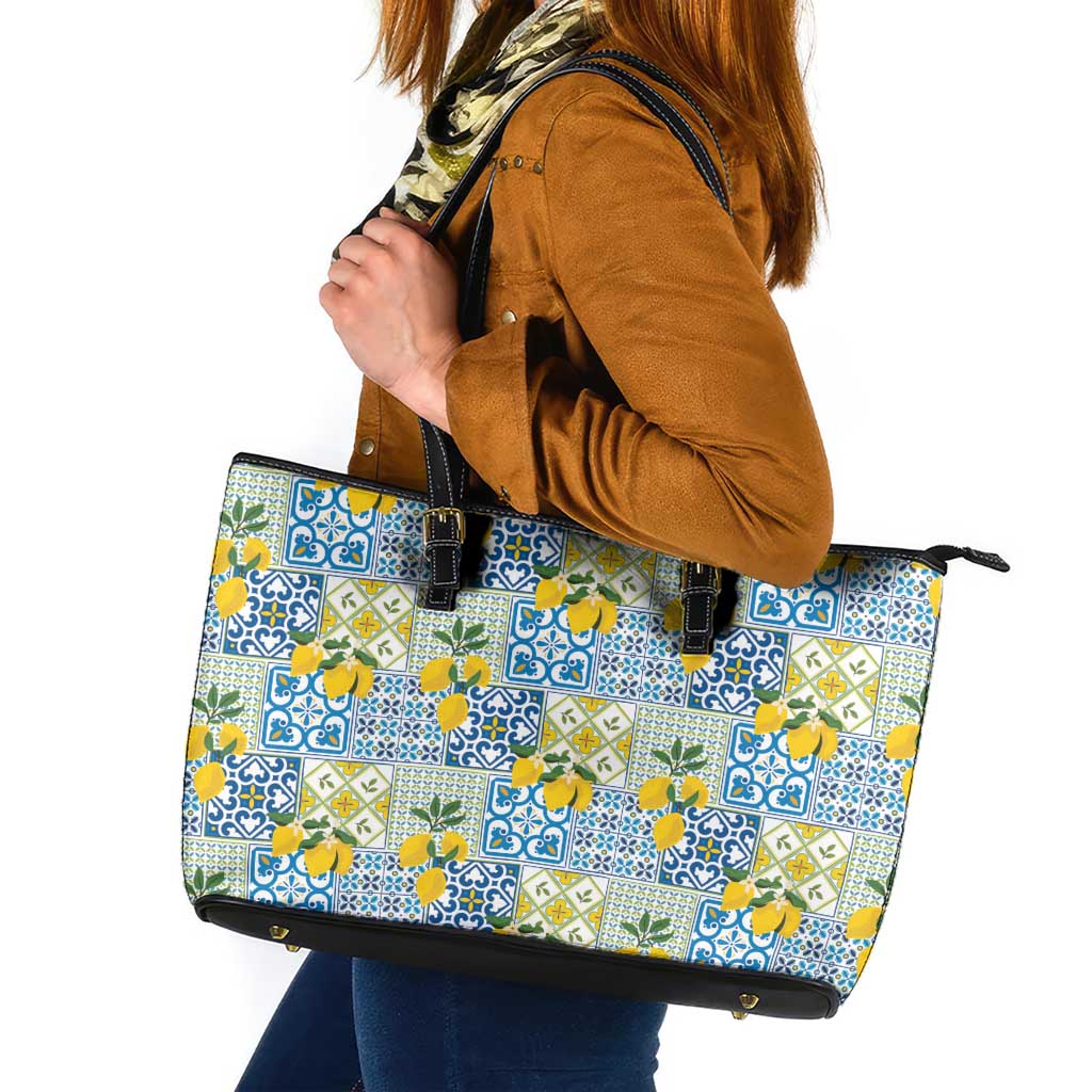 Sicily Italy Lemon Maiolica Leather Tote Bag Sicilian Citrus Tile Mediterranean Art