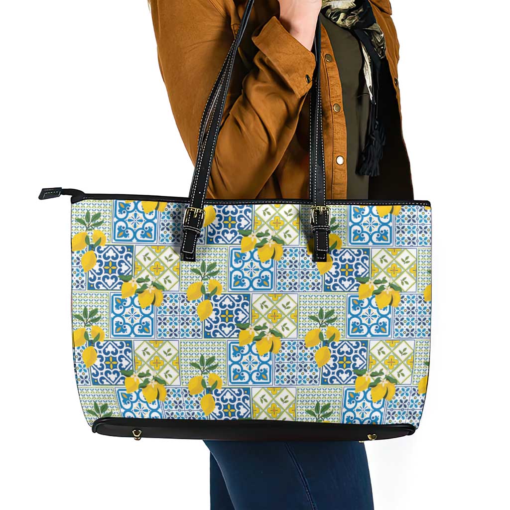 Sicily Italy Lemon Maiolica Leather Tote Bag Sicilian Citrus Tile Mediterranean Art