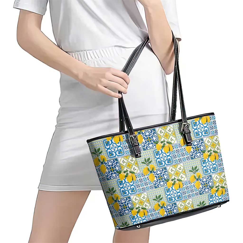 Sicily Italy Lemon Maiolica Leather Tote Bag Sicilian Citrus Tile Mediterranean Art