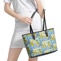 Sicily Italy Lemon Maiolica Leather Tote Bag Sicilian Citrus Tile Mediterranean Art