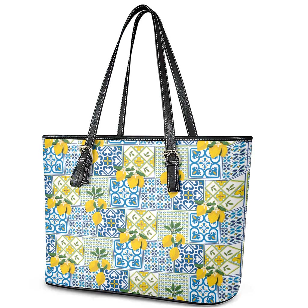 Sicily Italy Lemon Maiolica Leather Tote Bag Sicilian Citrus Tile Mediterranean Art