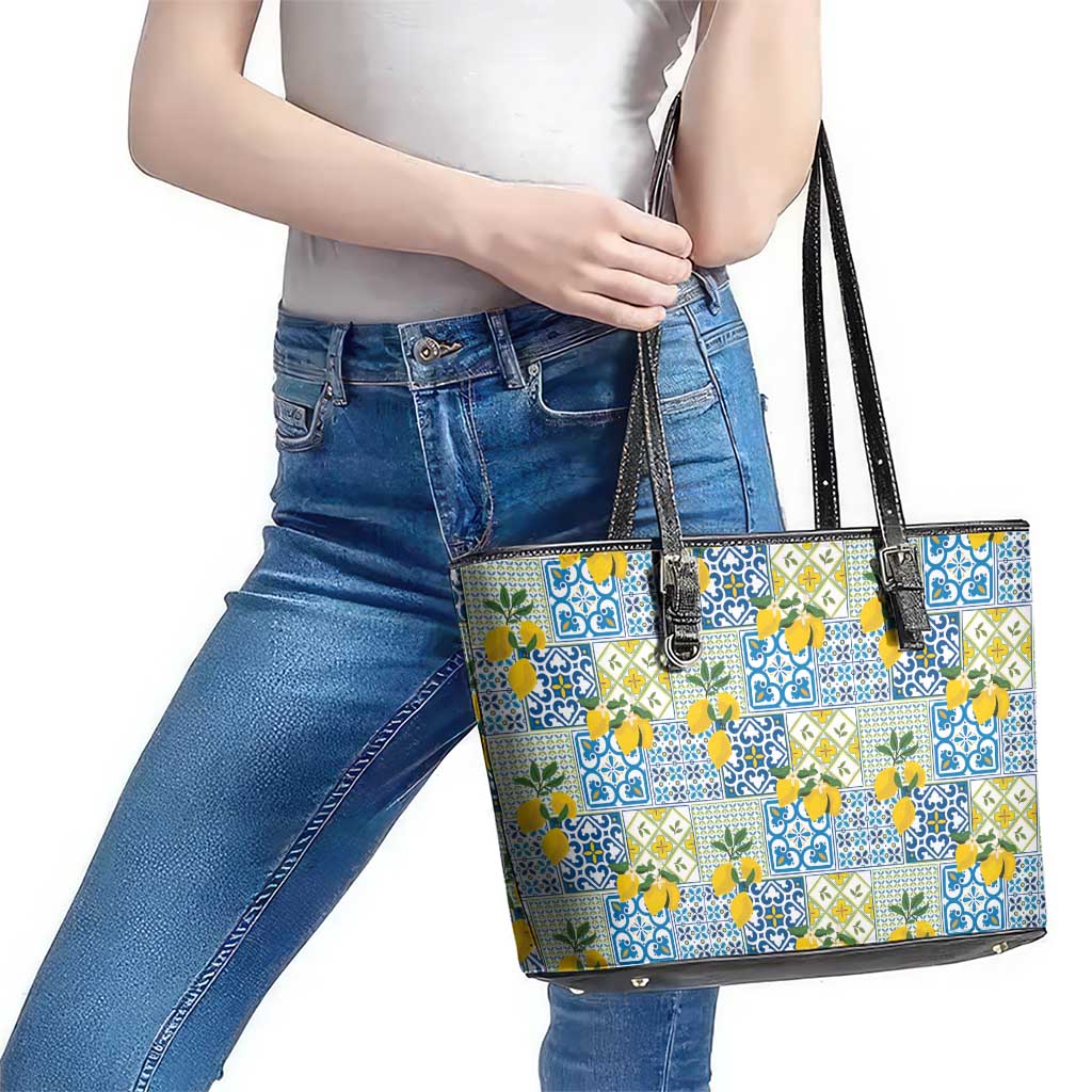 Sicily Italy Lemon Maiolica Leather Tote Bag Sicilian Citrus Tile Mediterranean Art