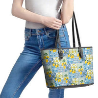 Sicily Italy Lemon Maiolica Leather Tote Bag Sicilian Citrus Tile Mediterranean Art