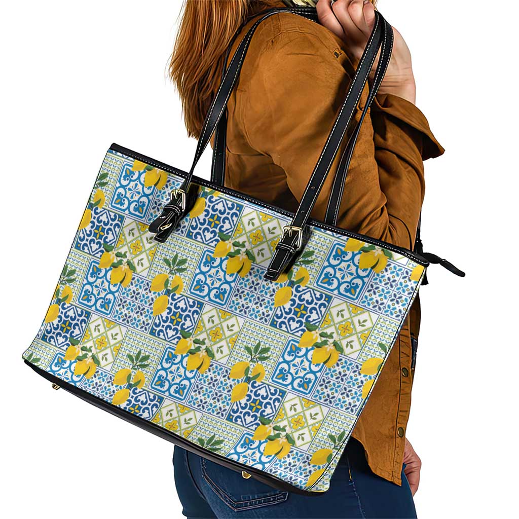 Sicily Italy Lemon Maiolica Leather Tote Bag Sicilian Citrus Tile Mediterranean Art