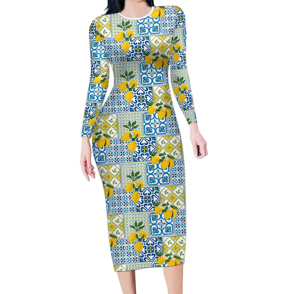 Sicily Italy Lemon Maiolica Long Sleeve Bodycon Dress Sicilian Citrus Tile Mediterranean Art