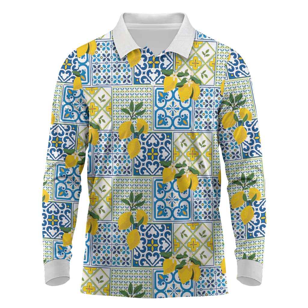 Sicily Italy Lemon Maiolica Long Sleeve Polo Shirt Sicilian Citrus Tile Mediterranean Art