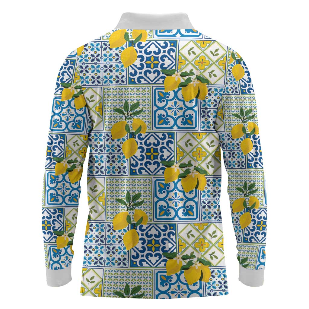 Sicily Italy Lemon Maiolica Long Sleeve Polo Shirt Sicilian Citrus Tile Mediterranean Art