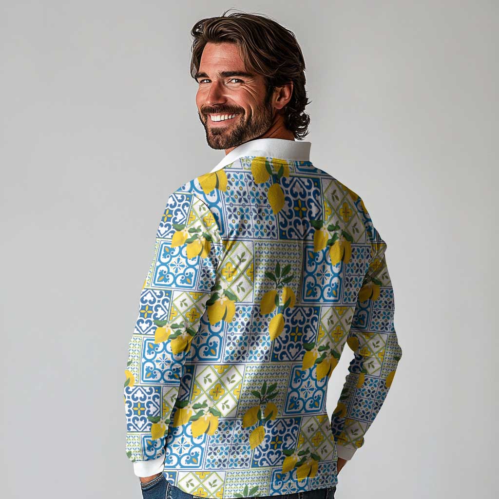 Sicily Italy Lemon Maiolica Long Sleeve Polo Shirt Sicilian Citrus Tile Mediterranean Art