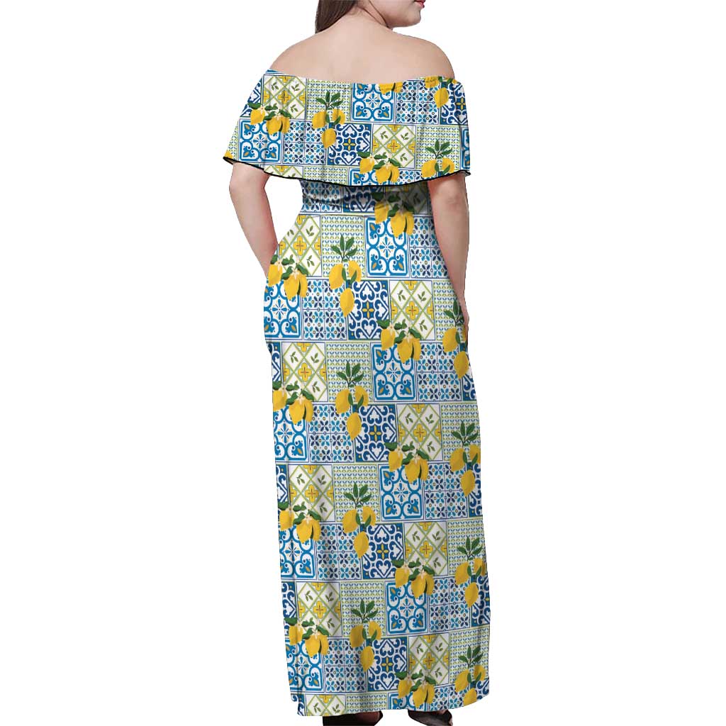 Sicily Italy Lemon Maiolica Off Shoulder Maxi Dress Sicilian Citrus Tile Mediterranean Art