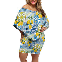 Sicily Italy Lemon Maiolica Off Shoulder Short Dress Sicilian Citrus Tile Mediterranean Art
