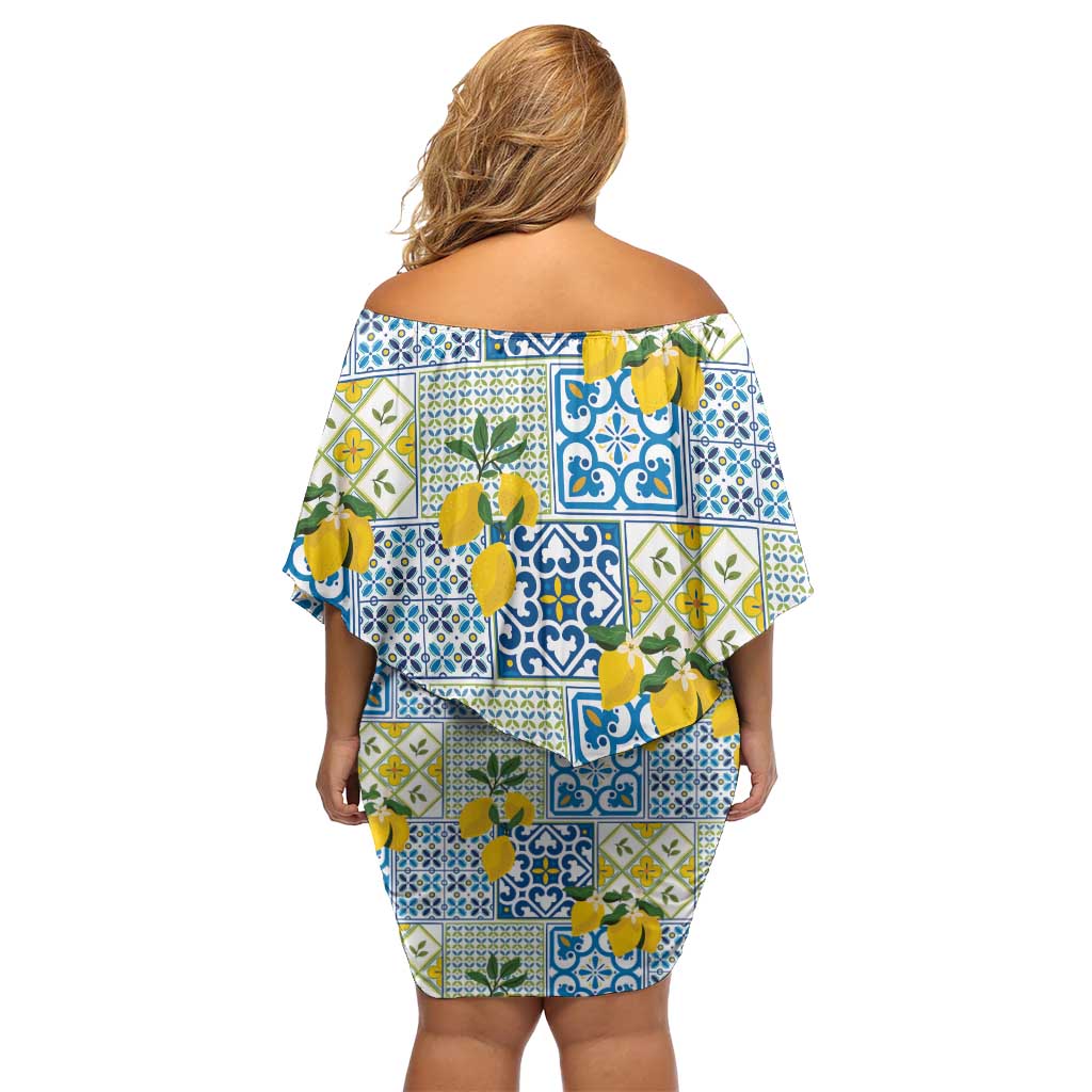 Sicily Italy Lemon Maiolica Off Shoulder Short Dress Sicilian Citrus Tile Mediterranean Art