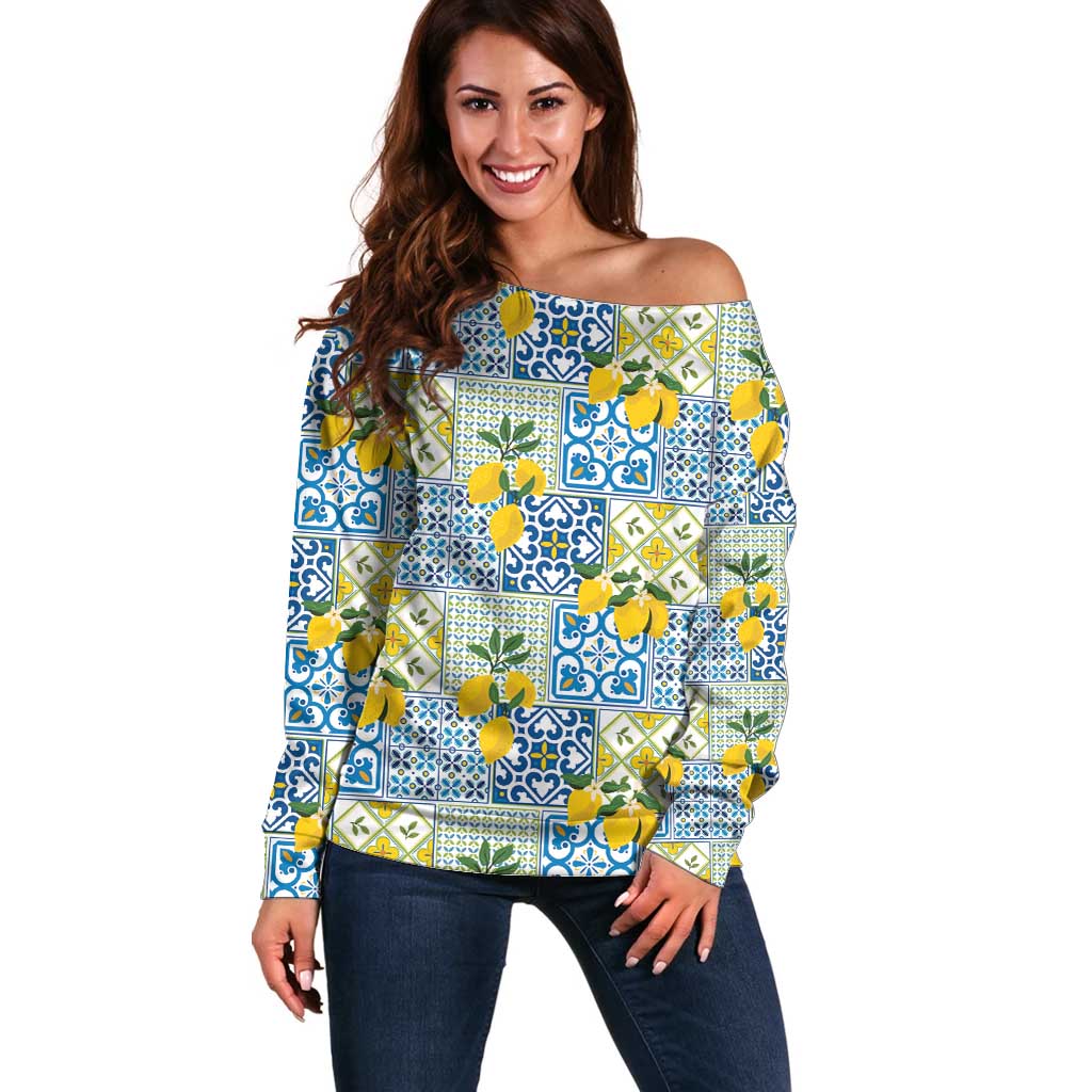 Sicily Italy Lemon Maiolica Off Shoulder Sweater Sicilian Citrus Tile Mediterranean Art