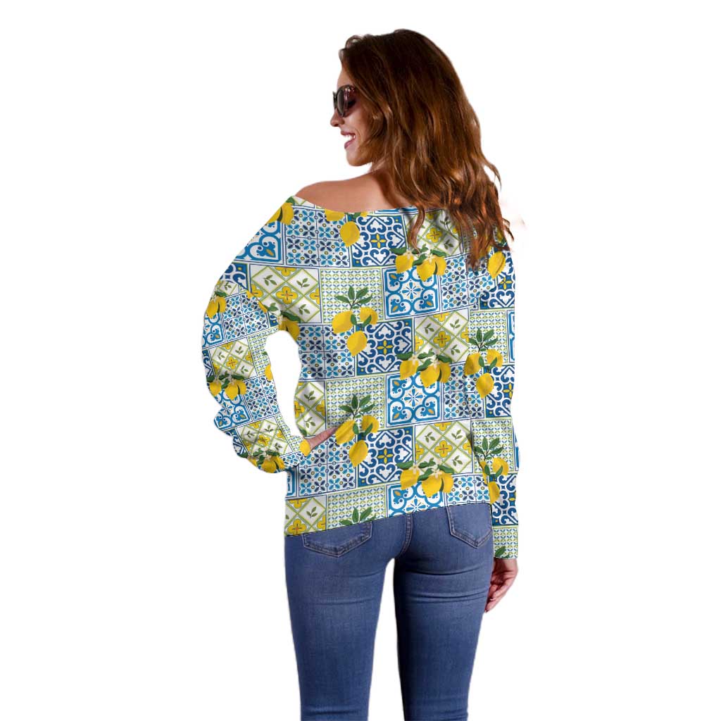 Sicily Italy Lemon Maiolica Off Shoulder Sweater Sicilian Citrus Tile Mediterranean Art