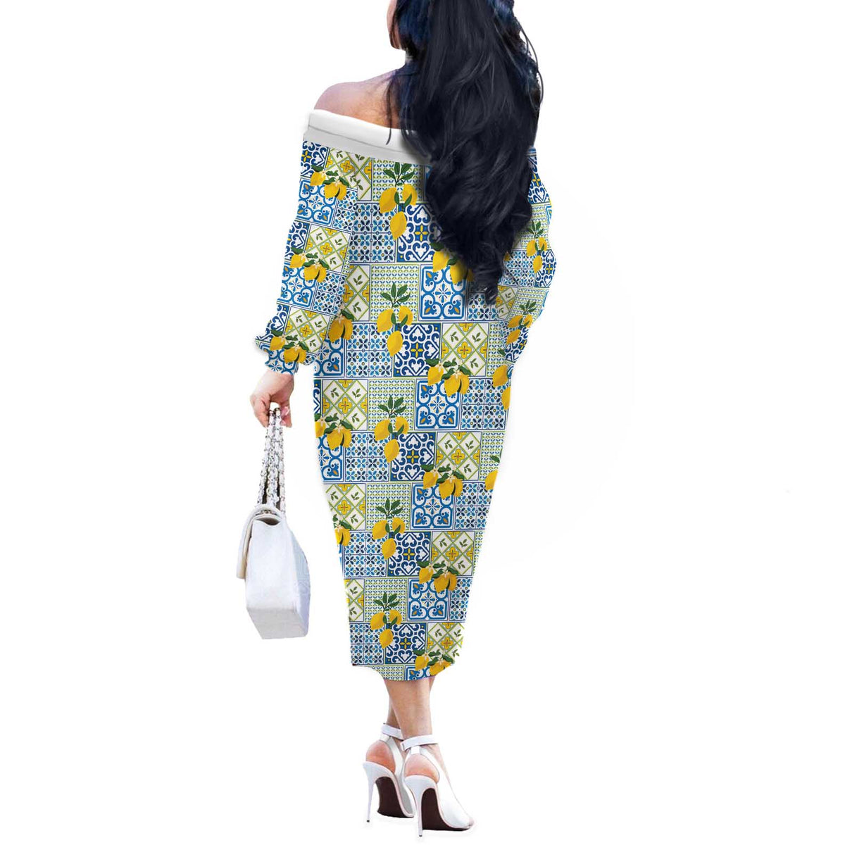 Sicily Italy Lemon Maiolica Off The Shoulder Long Sleeve Dress Sicilian Citrus Tile Mediterranean Art