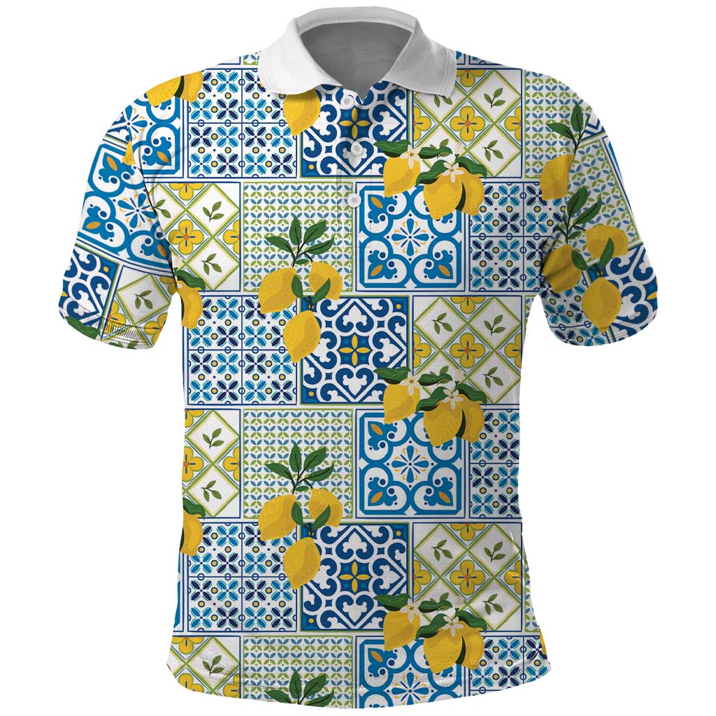 Sicily Italy Lemon Maiolica Polo Shirt Sicilian Citrus Tile Mediterranean Art