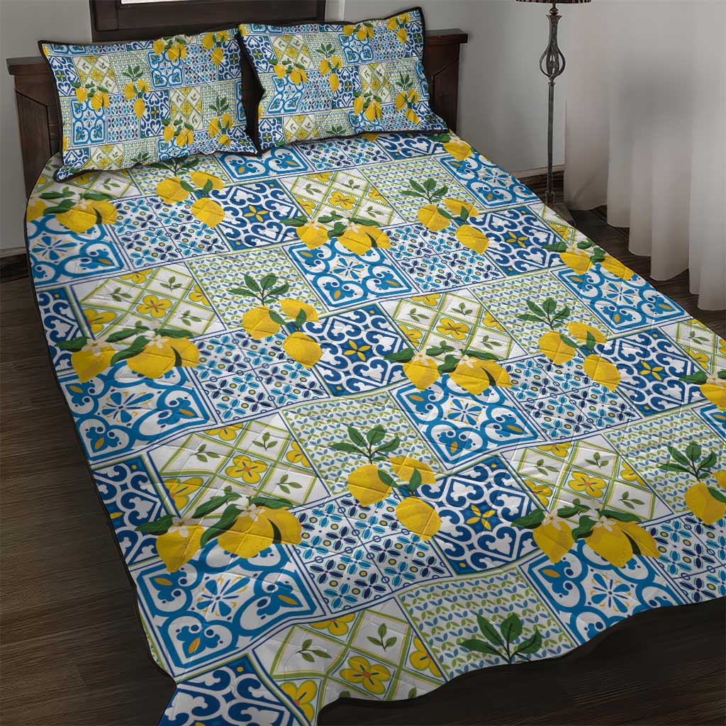 Sicily Italy Lemon Maiolica Quilt Bed Set Sicilian Citrus Tile Mediterranean Art