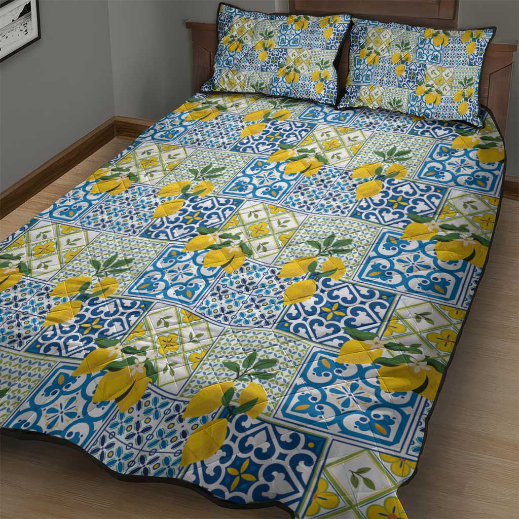 Sicily Italy Lemon Maiolica Quilt Bed Set Sicilian Citrus Tile Mediterranean Art