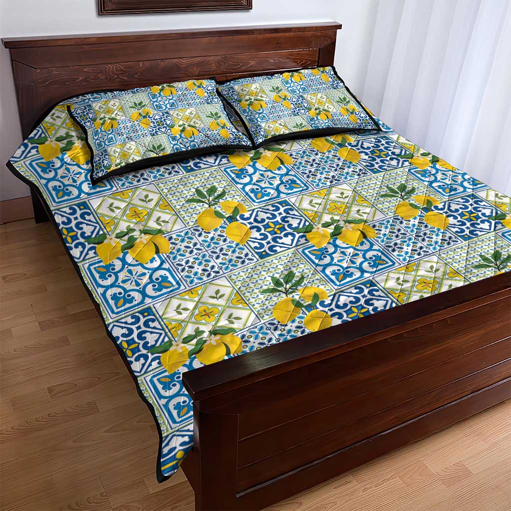 Sicily Italy Lemon Maiolica Quilt Bed Set Sicilian Citrus Tile Mediterranean Art
