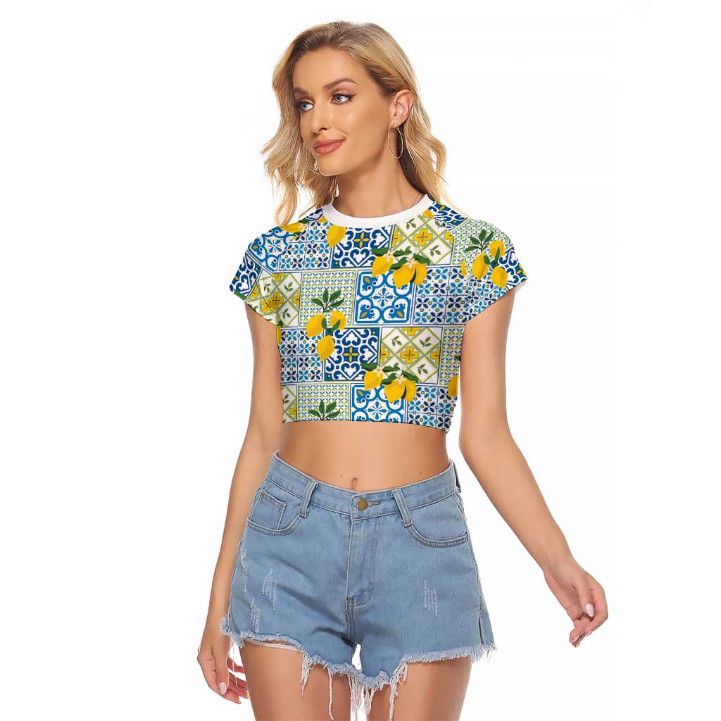 Sicily Italy Lemon Maiolica Raglan Cropped T Shirt Sicilian Citrus Tile Mediterranean Art