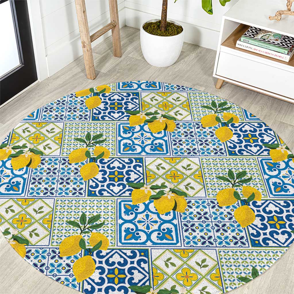 Sicily Italy Lemon Maiolica Round Carpet Sicilian Citrus Tile Mediterranean Art