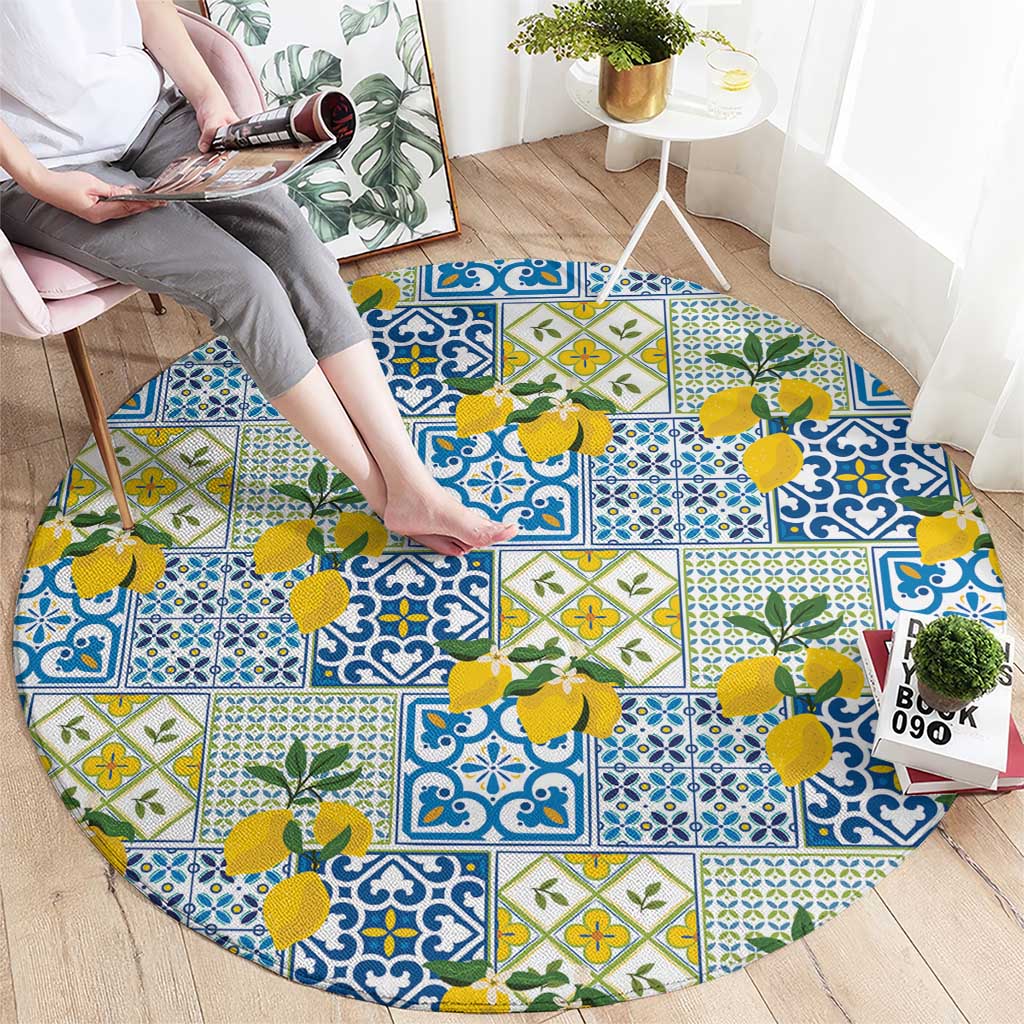 Sicily Italy Lemon Maiolica Round Carpet Sicilian Citrus Tile Mediterranean Art