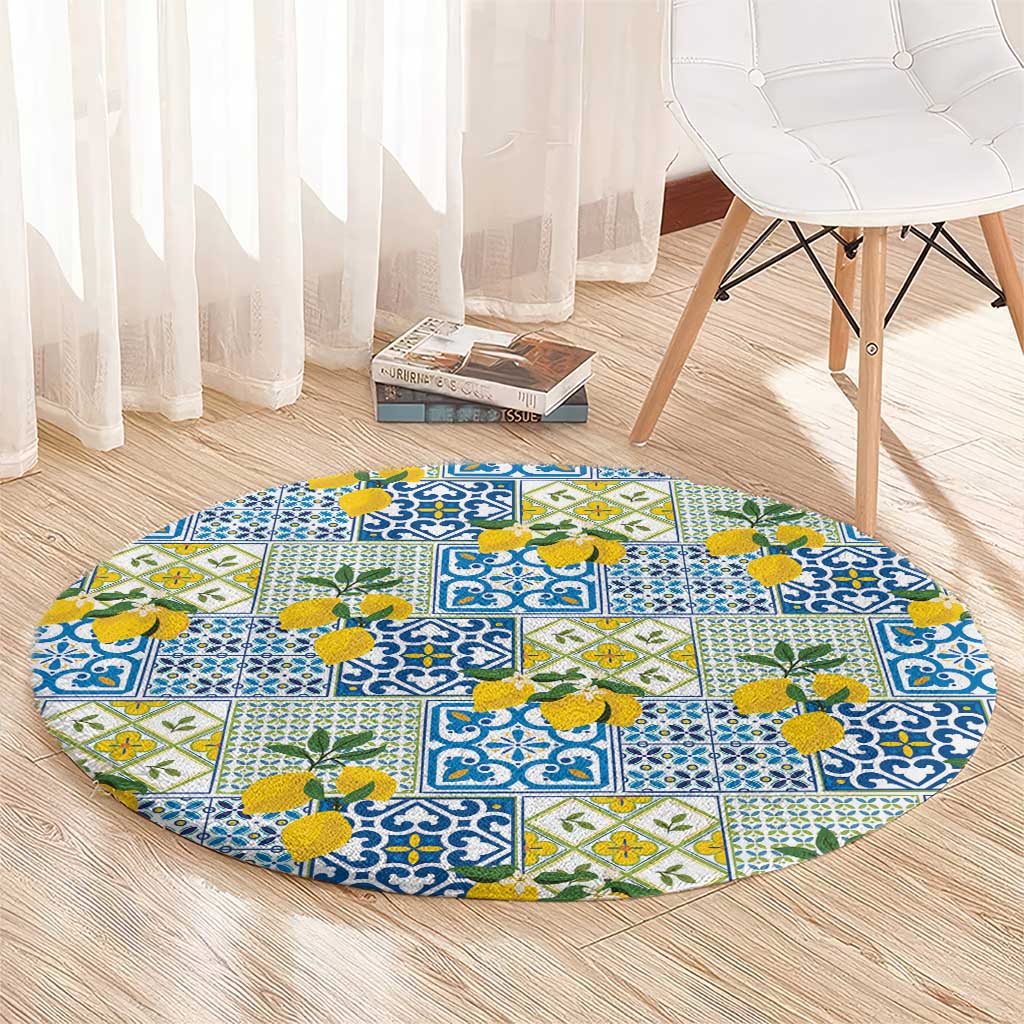 Sicily Italy Lemon Maiolica Round Carpet Sicilian Citrus Tile Mediterranean Art