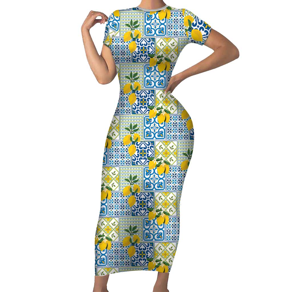 Sicily Italy Lemon Maiolica Short Sleeve Bodycon Dress Sicilian Citrus Tile Mediterranean Art