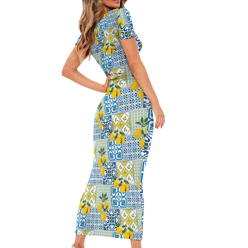 Sicily Italy Lemon Maiolica Short Sleeve Bodycon Dress Sicilian Citrus Tile Mediterranean Art