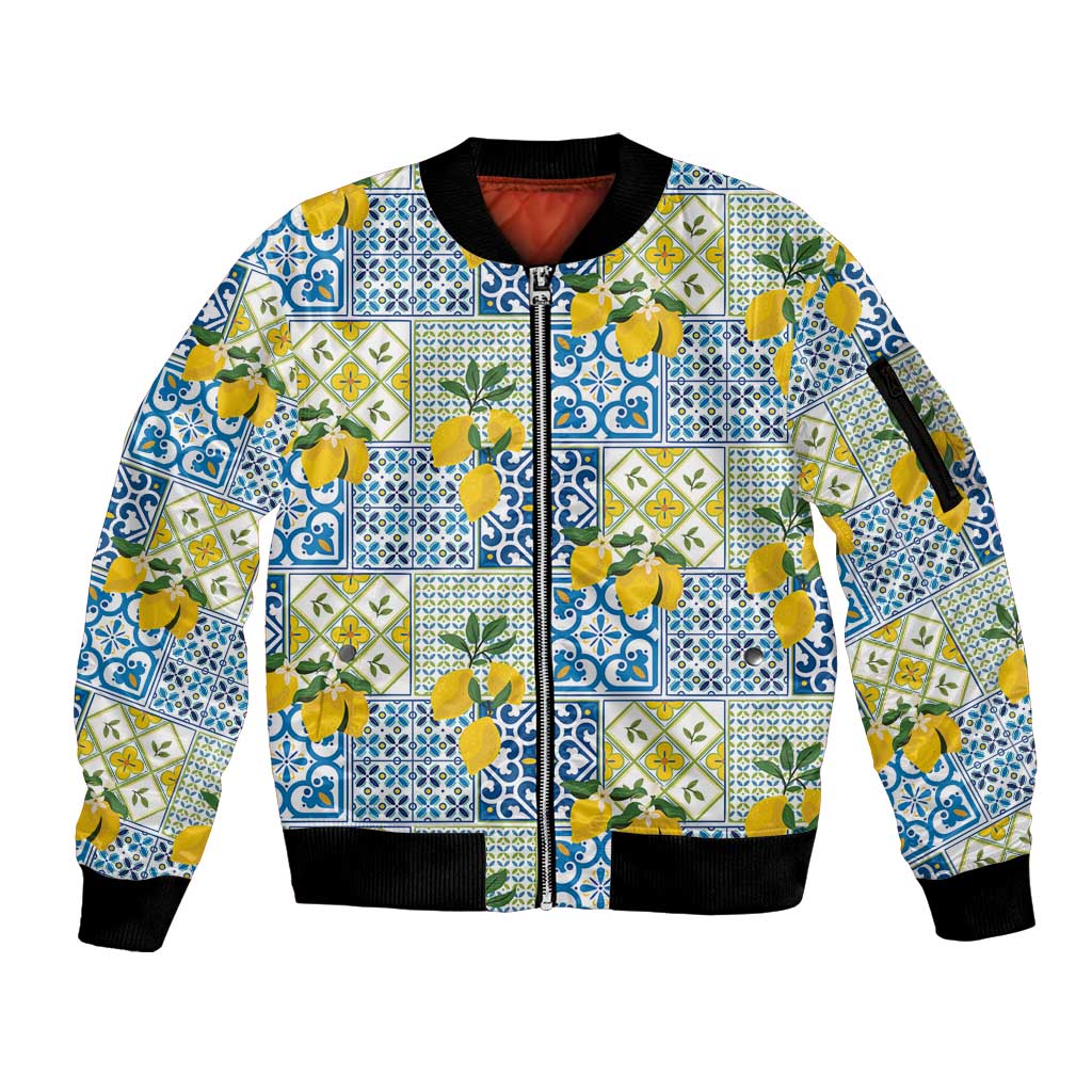 Sicily Italy Lemon Maiolica Sleeve Zip Bomber Jacket Sicilian Citrus Tile Mediterranean Art
