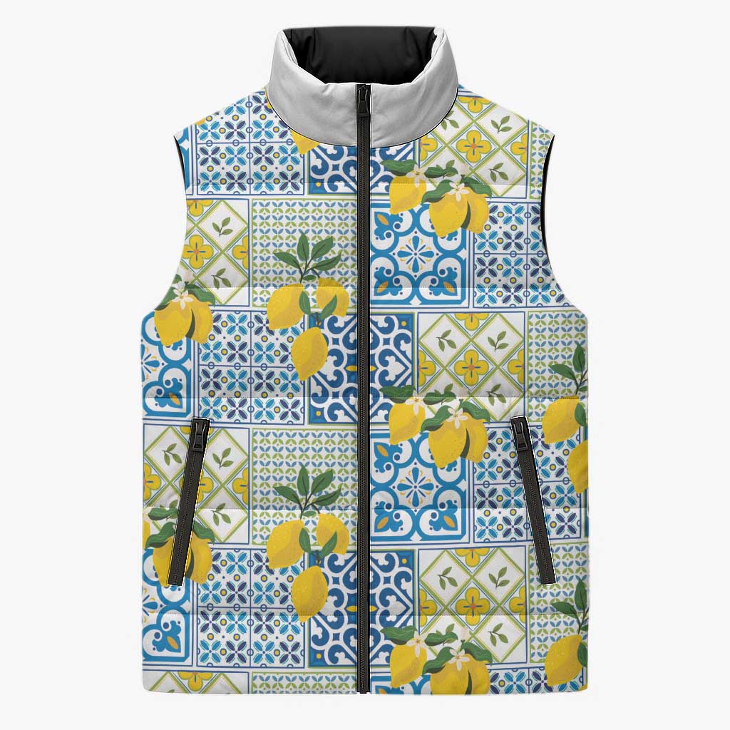 Sicily Italy Lemon Maiolica Sleeveless Puffer Jacket Sicilian Citrus Tile Mediterranean Art