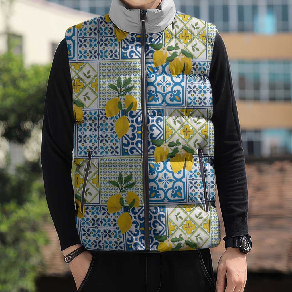 Sicily Italy Lemon Maiolica Sleeveless Puffer Jacket Sicilian Citrus Tile Mediterranean Art