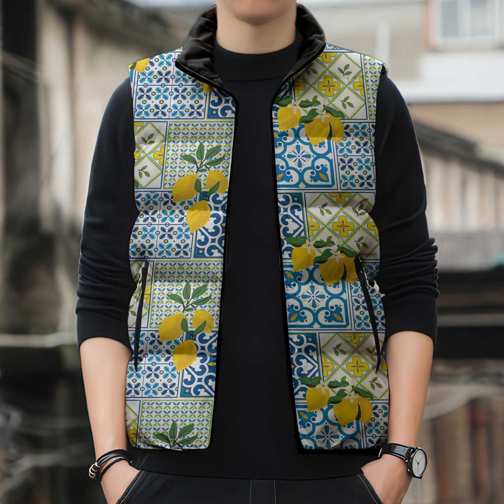 Sicily Italy Lemon Maiolica Sleeveless Puffer Jacket Sicilian Citrus Tile Mediterranean Art