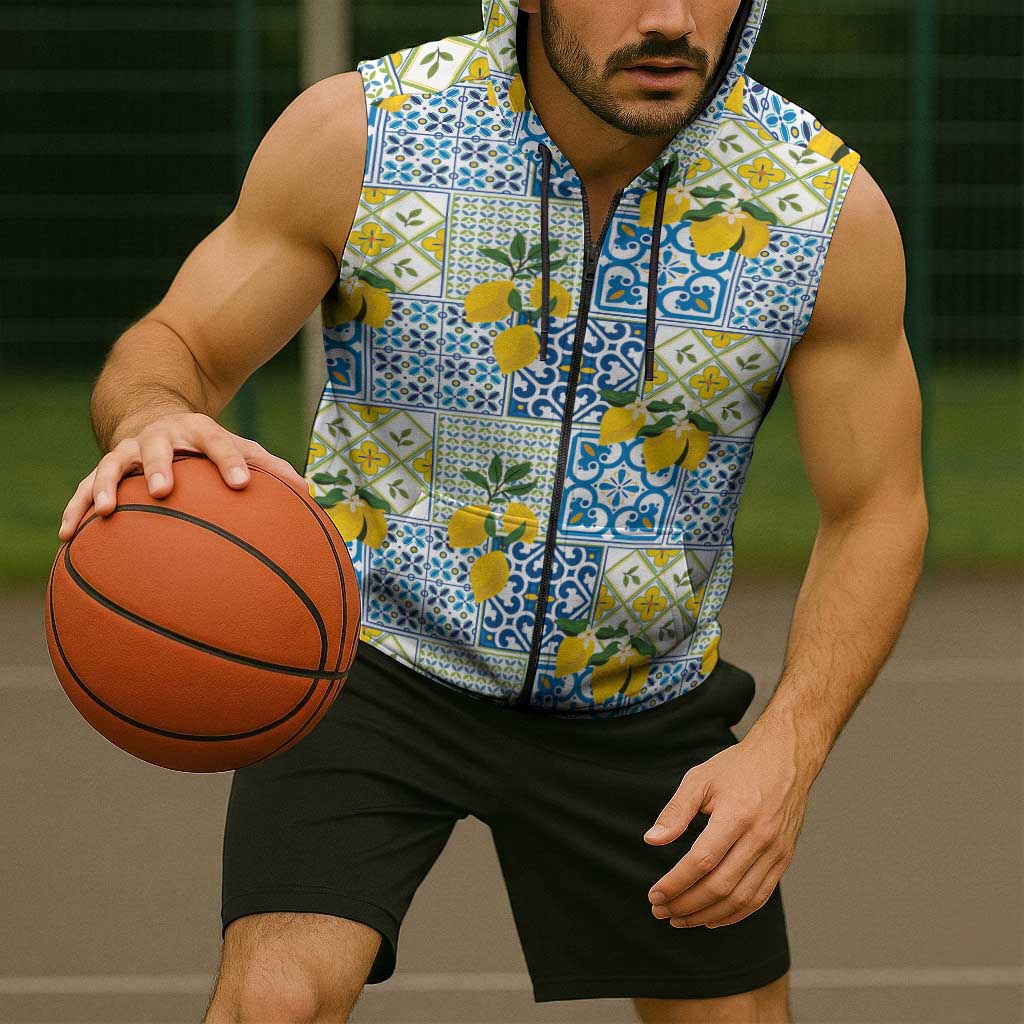 Sicily Italy Lemon Maiolica Sleeveless Zip Hoodie Sicilian Citrus Tile Mediterranean Art