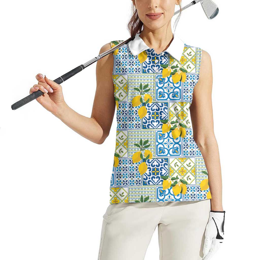 Sicily Italy Lemon Maiolica Women Sleeveless Polo Shirt Sicilian Citrus Tile Mediterranean Art