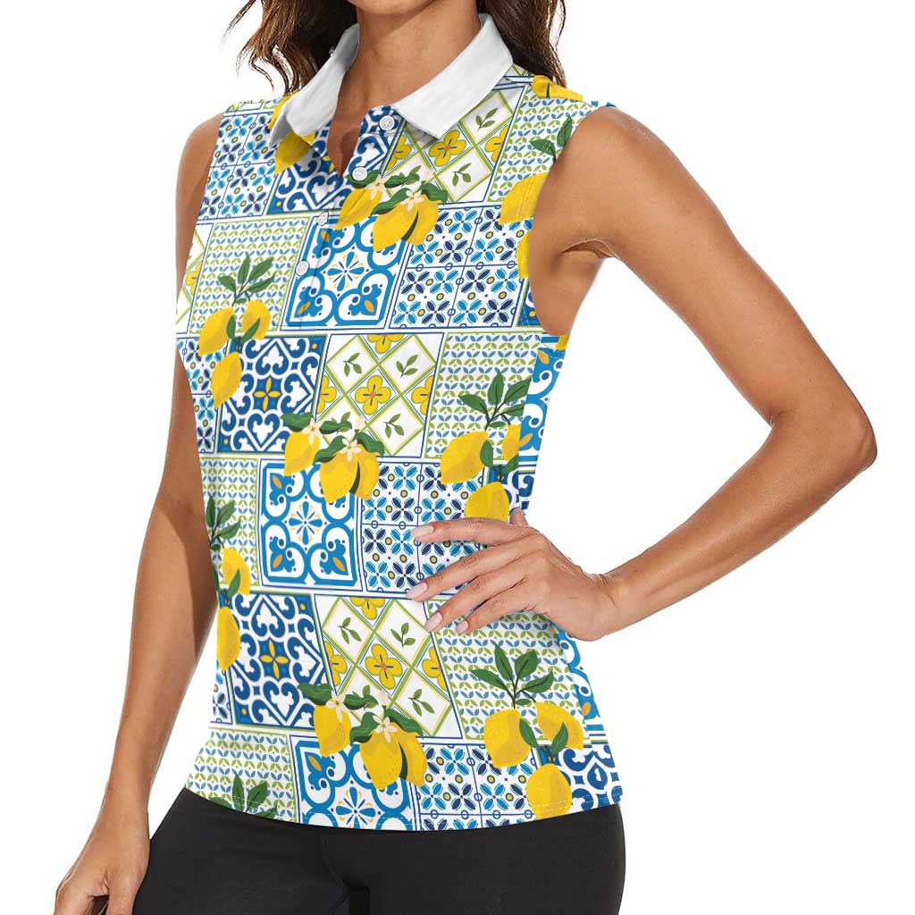 Sicily Italy Lemon Maiolica Women Sleeveless Polo Shirt Sicilian Citrus Tile Mediterranean Art