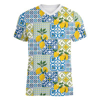 Sicily Italy Lemon Maiolica Women V-Neck T-Shirt Sicilian Citrus Tile Mediterranean Art