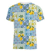 Sicily Italy Lemon Maiolica Women V-Neck T-Shirt Sicilian Citrus Tile Mediterranean Art