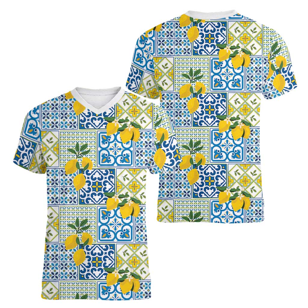 Sicily Italy Lemon Maiolica Women V-Neck T-Shirt Sicilian Citrus Tile Mediterranean Art