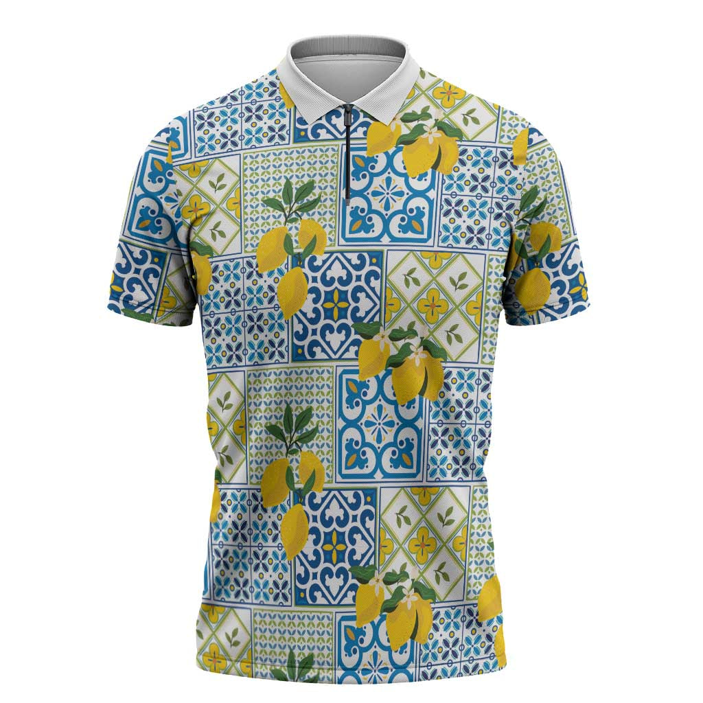 Sicily Italy Lemon Maiolica Zipper Polo Shirt Sicilian Citrus Tile Mediterranean Art