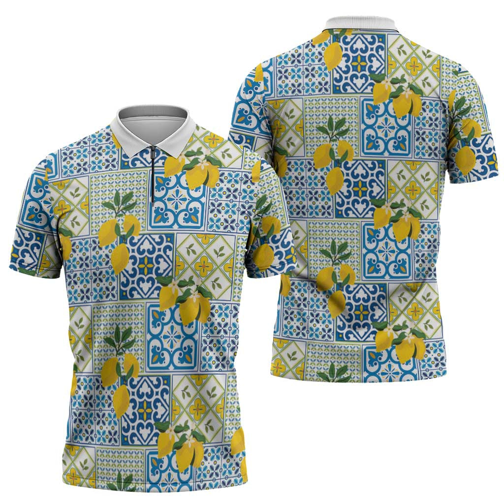 Sicily Italy Lemon Maiolica Zipper Polo Shirt Sicilian Citrus Tile Mediterranean Art