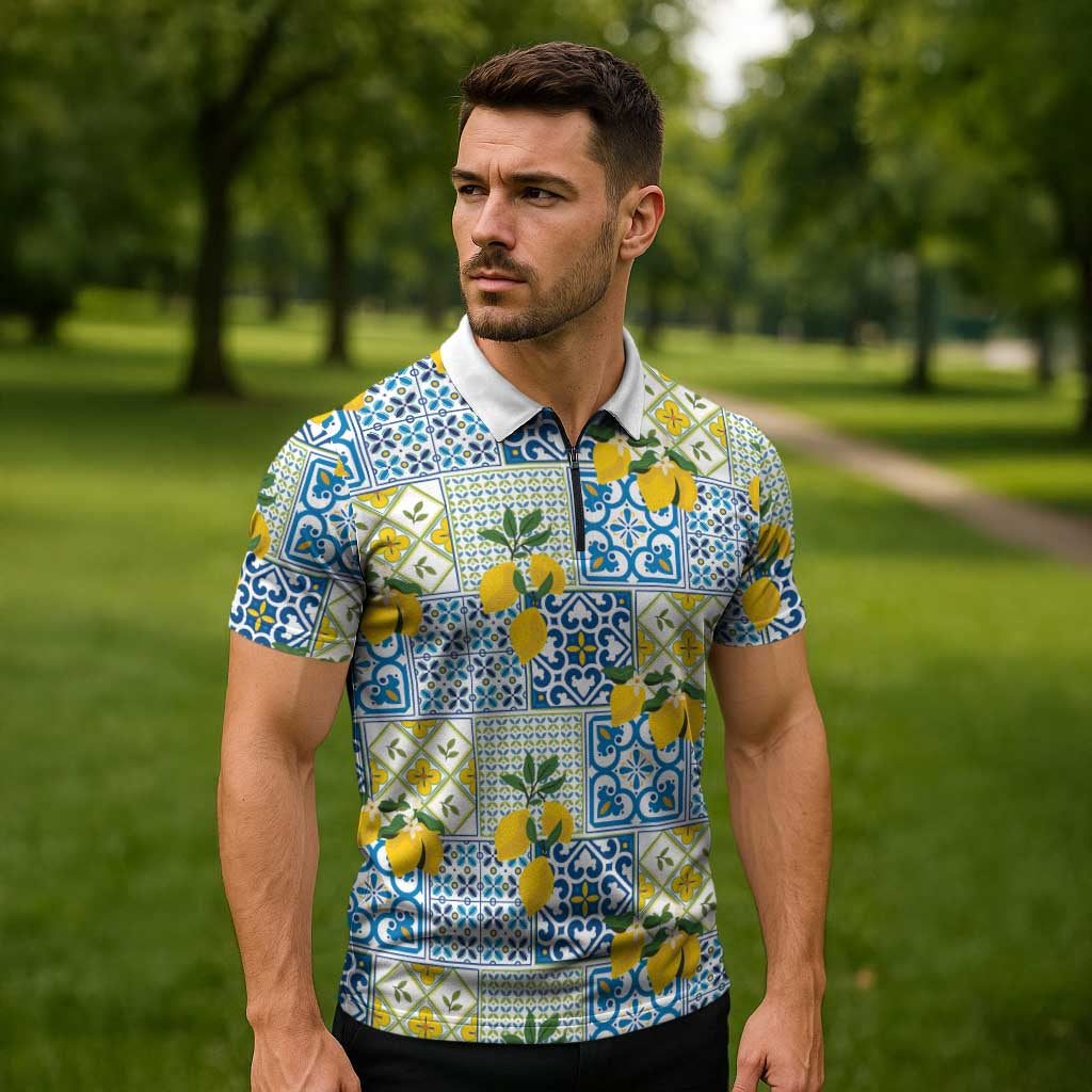 Sicily Italy Lemon Maiolica Zipper Polo Shirt Sicilian Citrus Tile Mediterranean Art