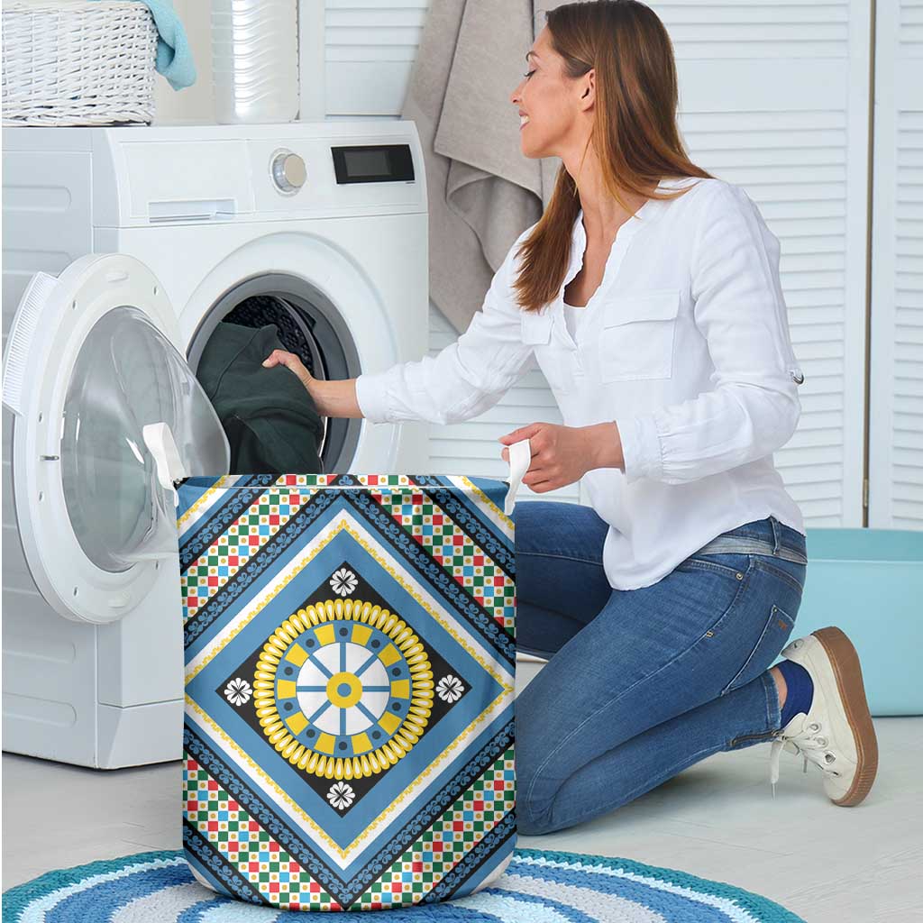 Sicily Italy Carretto Siciliano Laundry Basket Azure Sicilian Cart Wheel Pattern