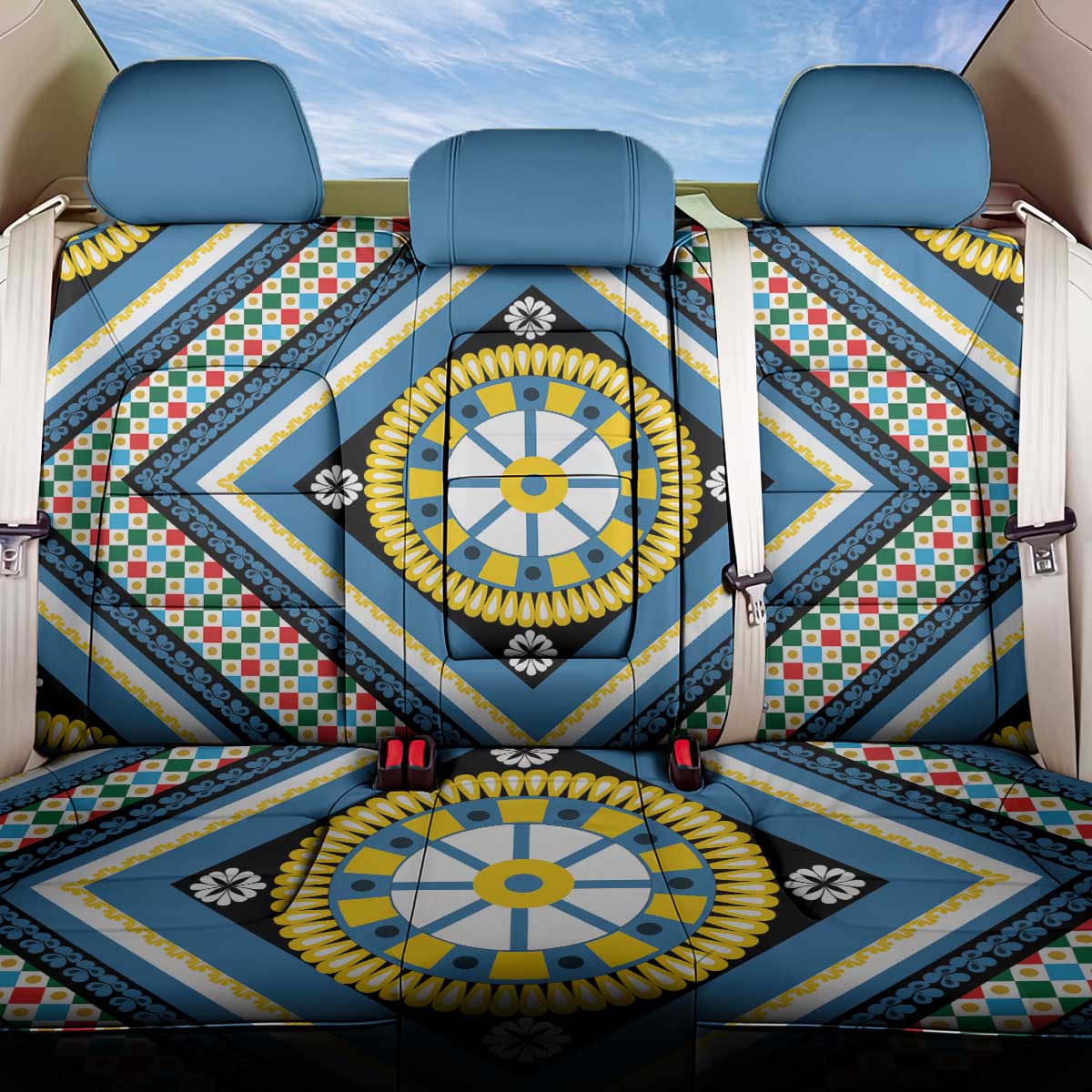 Sicily Italy Carretto Siciliano Back Car Seat Cover Azure Sicilian Cart Wheel Pattern